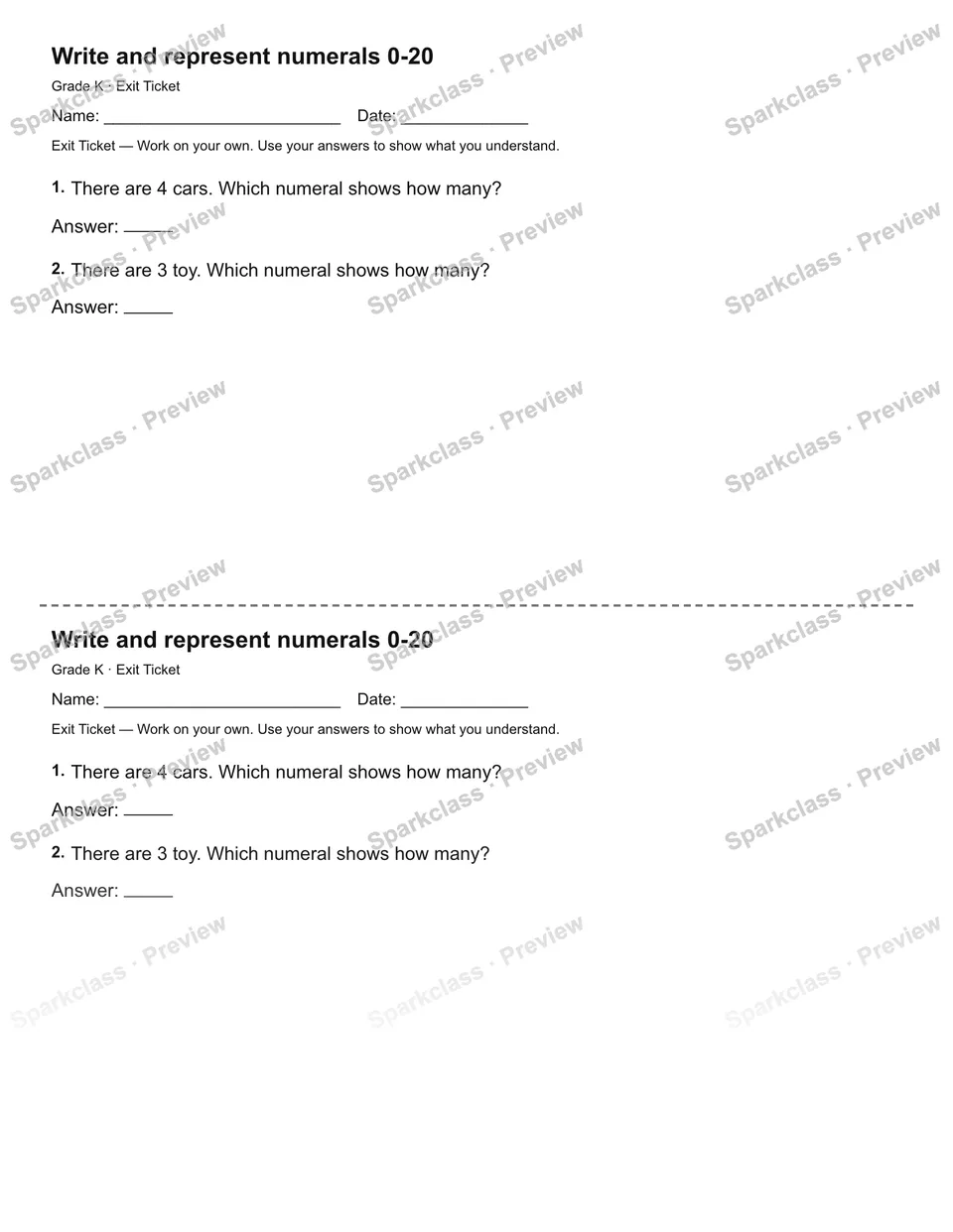 Write and represent numerals 0-20 — Exit Ticket — Kindergarten worksheet preview