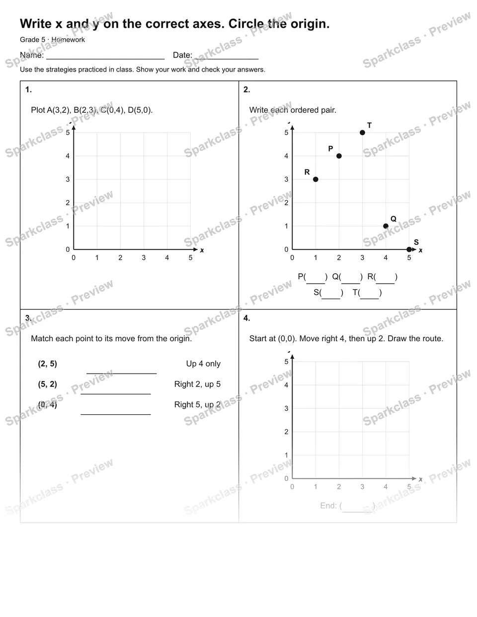 Write x and y on the correct axes. Circle the origin. — Homework — Grade 5 worksheet preview