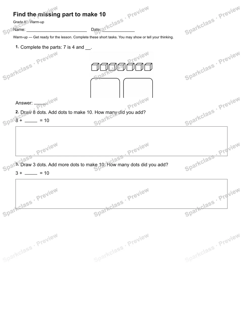 Find the missing part to make 10 — Warm-up — Kindergarten worksheet preview