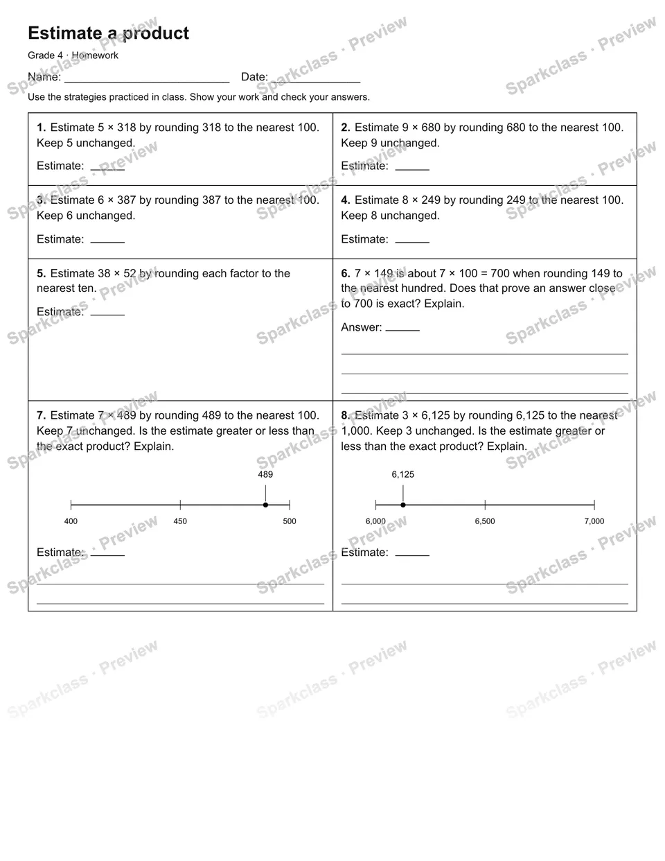 Estimate a product — Homework — Grade 4 worksheet preview