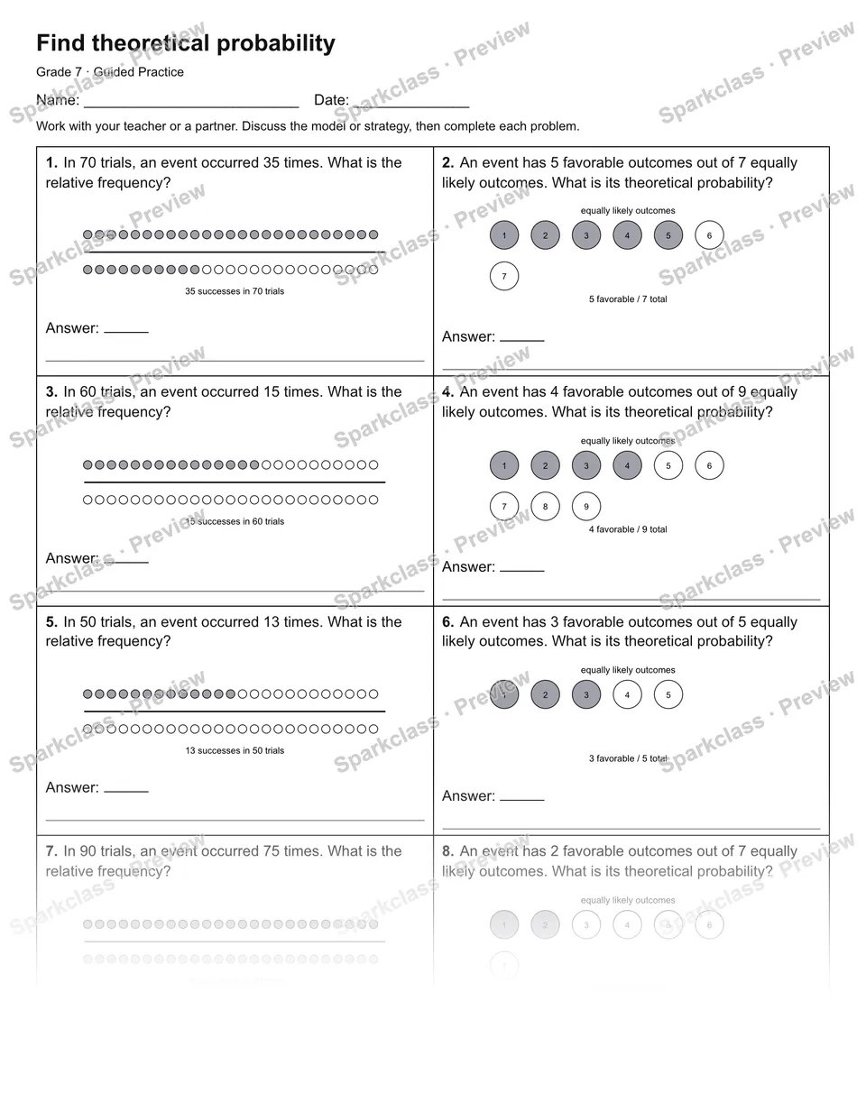 Find theoretical probability — Guided Practice — Grade 7 worksheet preview