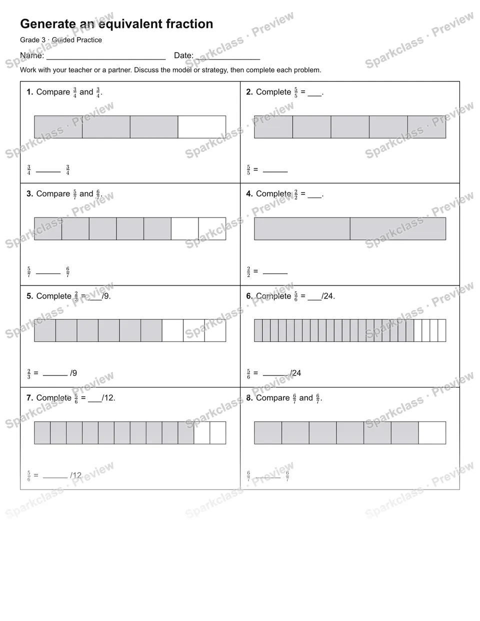 Generate an equivalent fraction — Guided Practice — Grade 3 worksheet preview