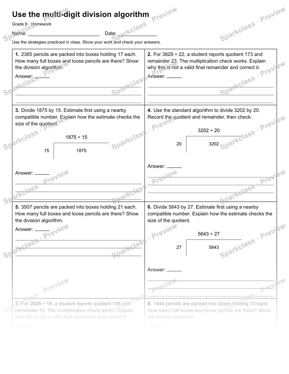 Use the multi-digit division algorithm — Homework — Grade 6 worksheet preview