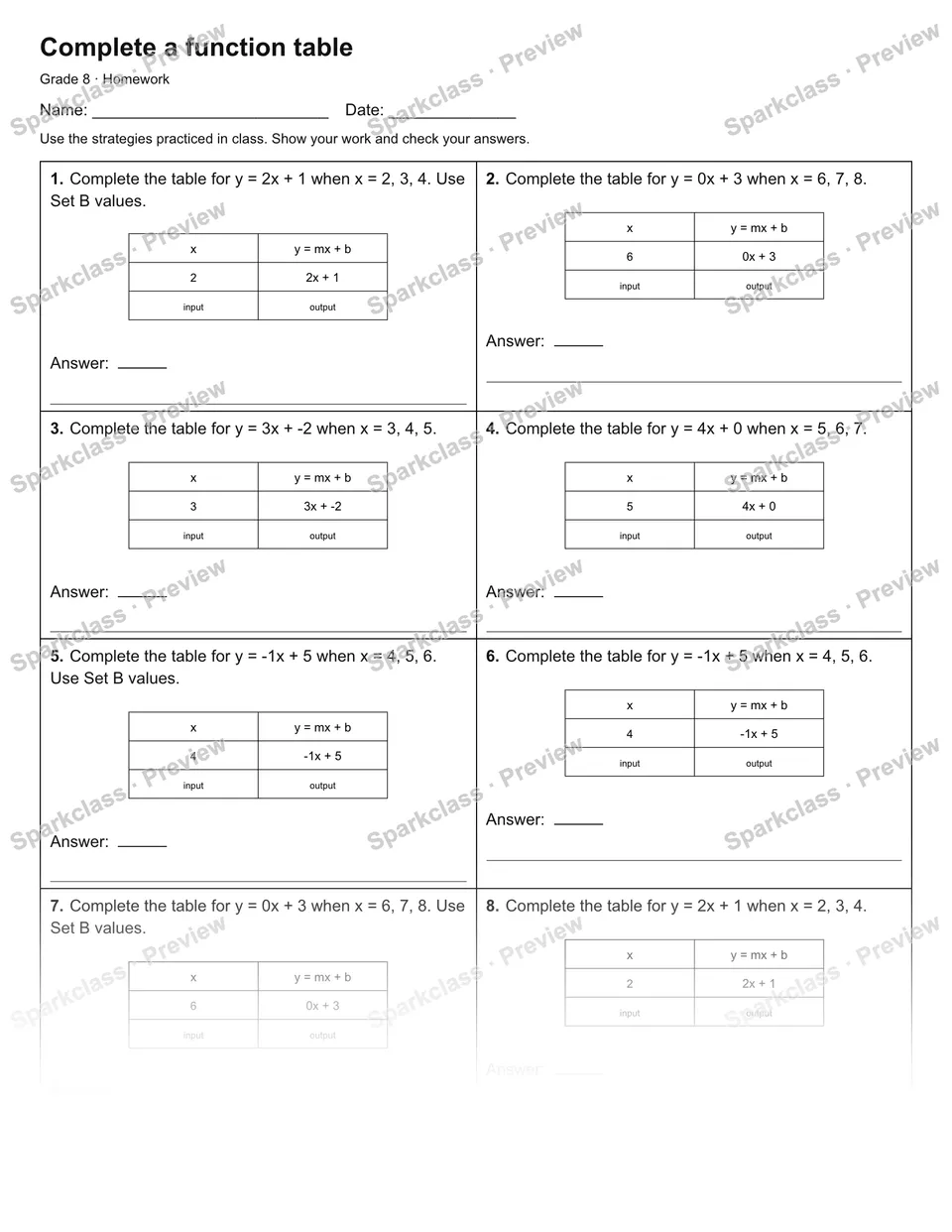 Complete a function table — Homework — Grade 8 worksheet preview