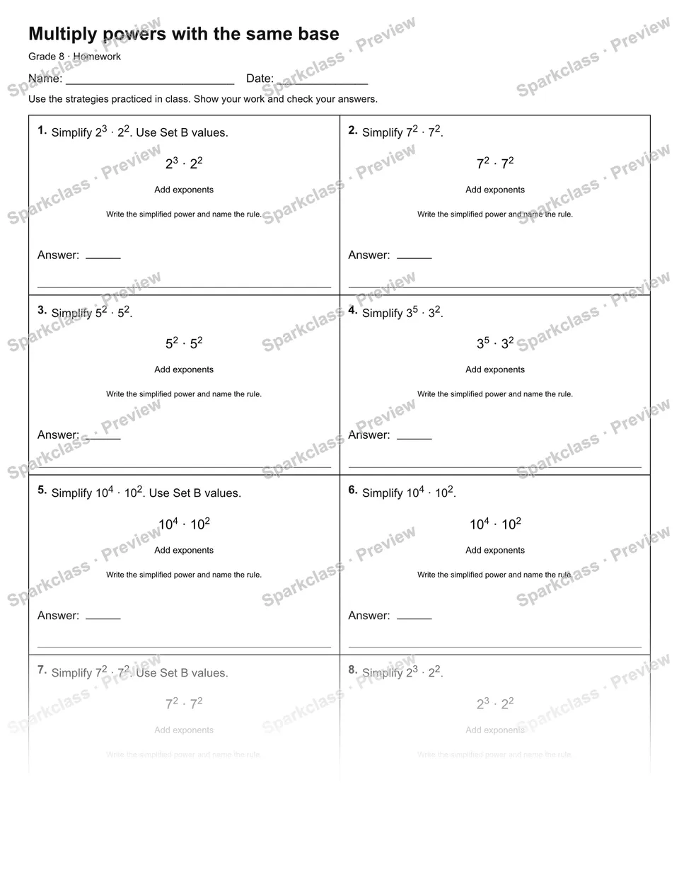 Multiply powers with the same base — Homework — Grade 8 worksheet preview