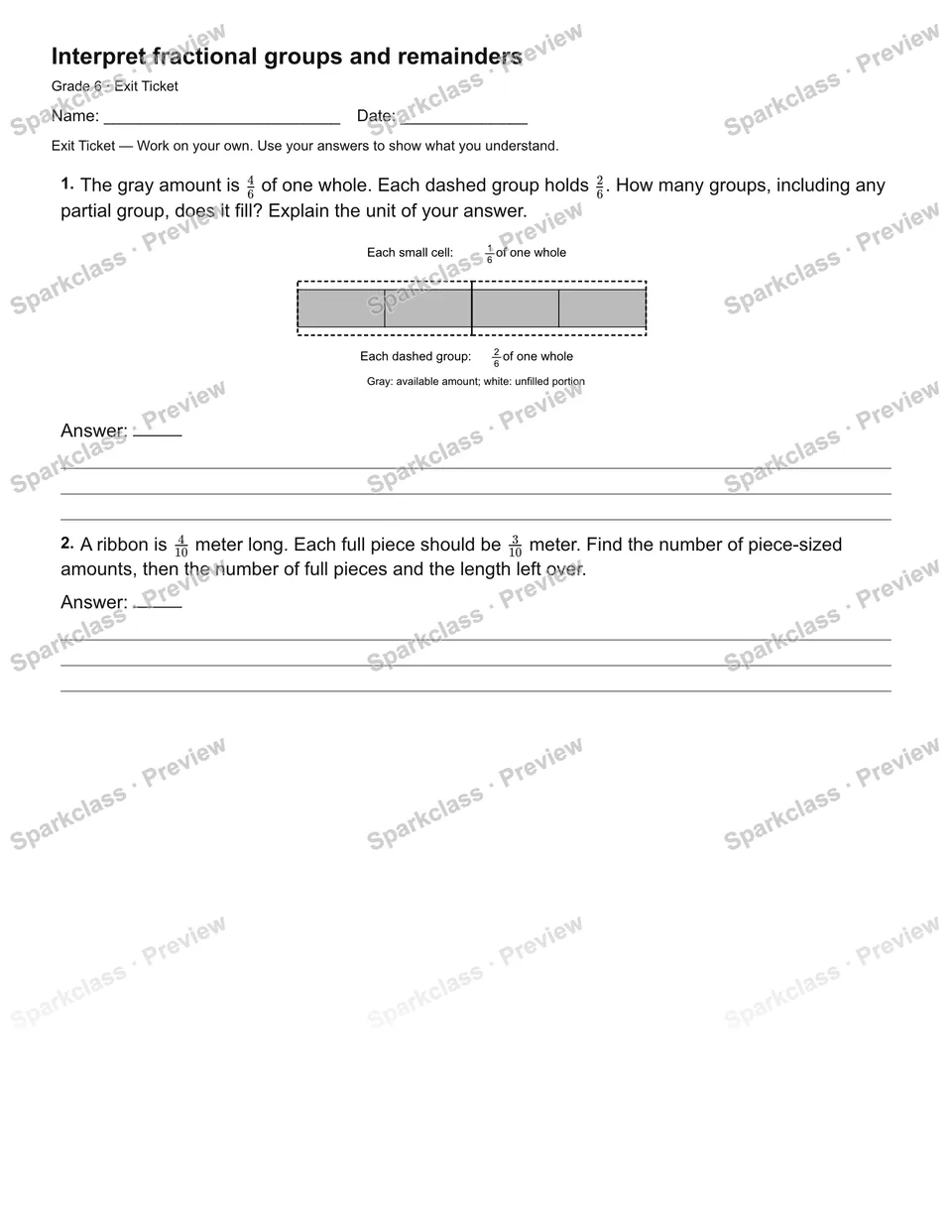 Interpret fractional groups and remainders — Exit Ticket — page 2
