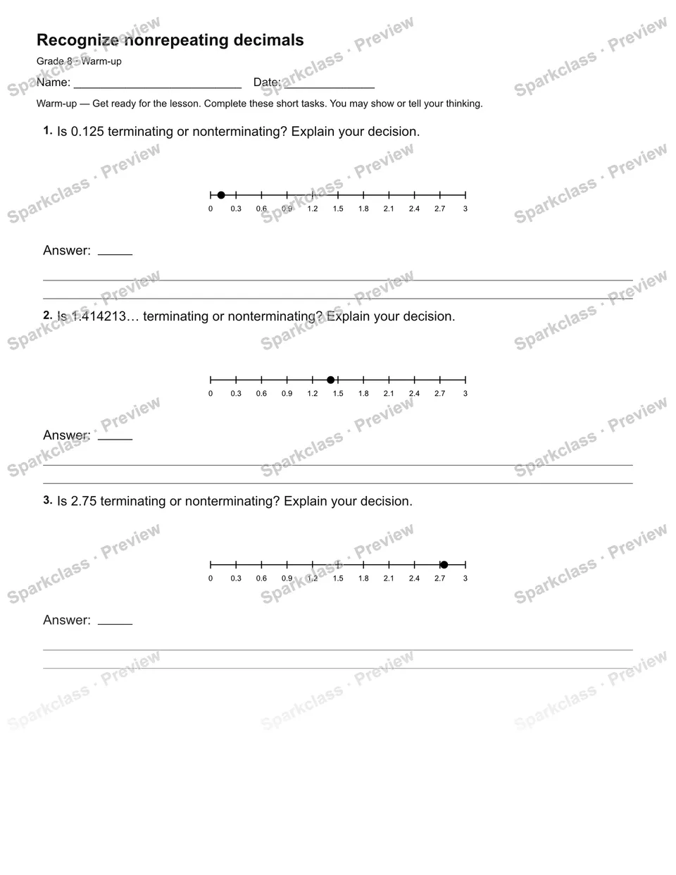 Recognize nonrepeating decimals — Warm-up — Grade 8 worksheet preview