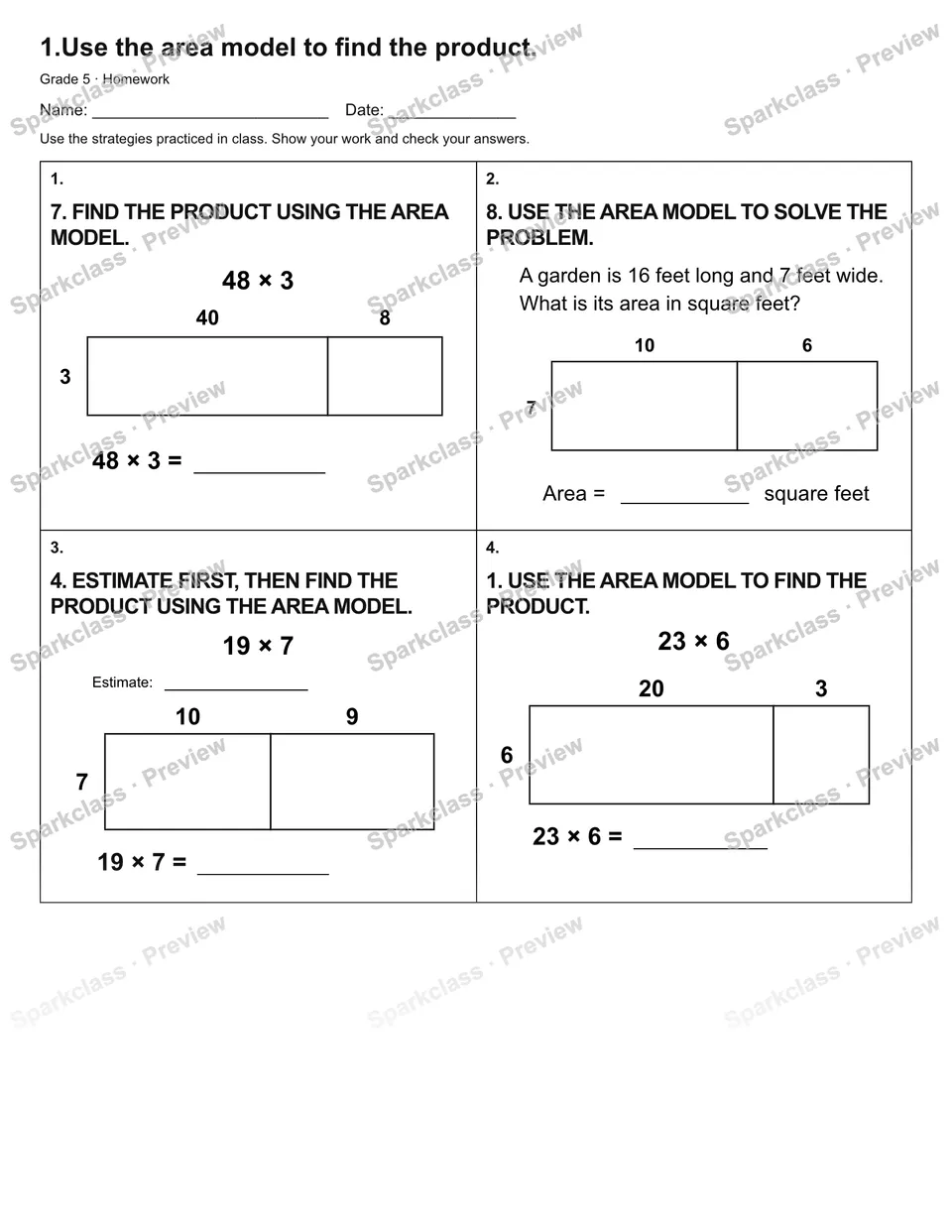 1.Use the area model to find the product. — Homework — Grade 5 worksheet preview