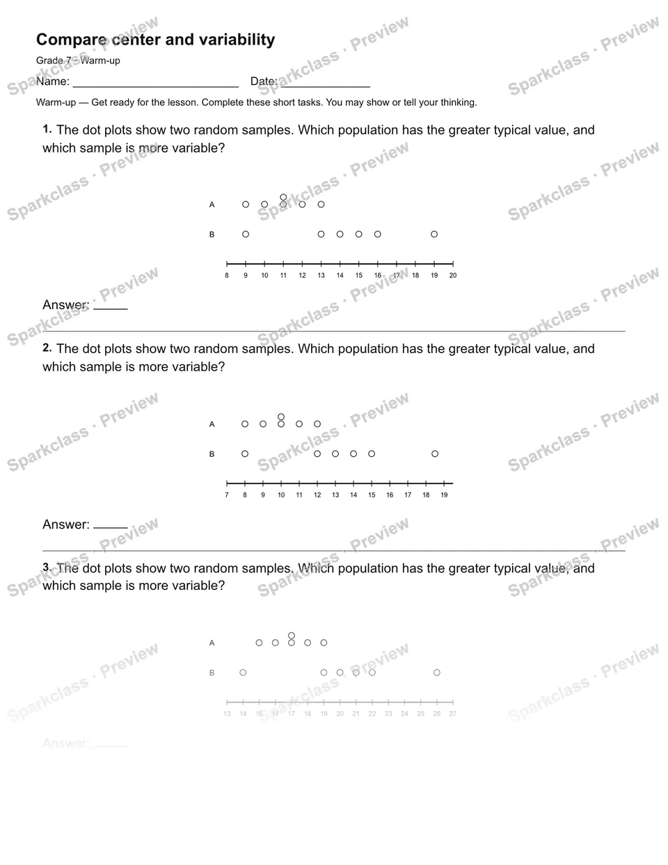 Compare center and variability — Warm-up — Grade 7 worksheet preview