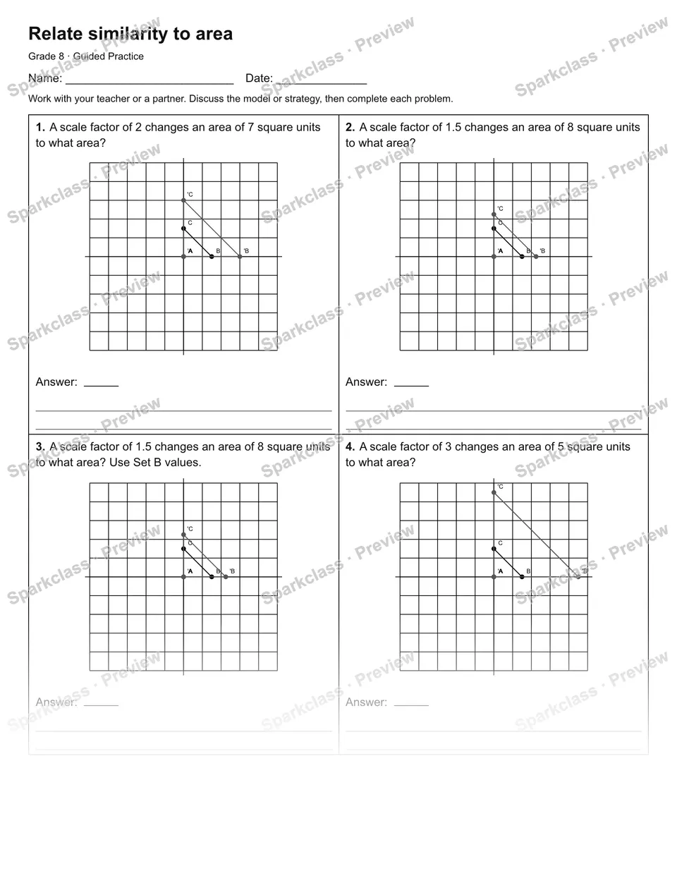 Relate similarity to area — Guided Practice — Grade 8 worksheet preview