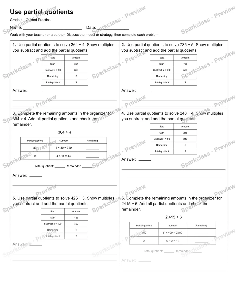 Use partial quotients — Guided Practice — Grade 4 worksheet preview