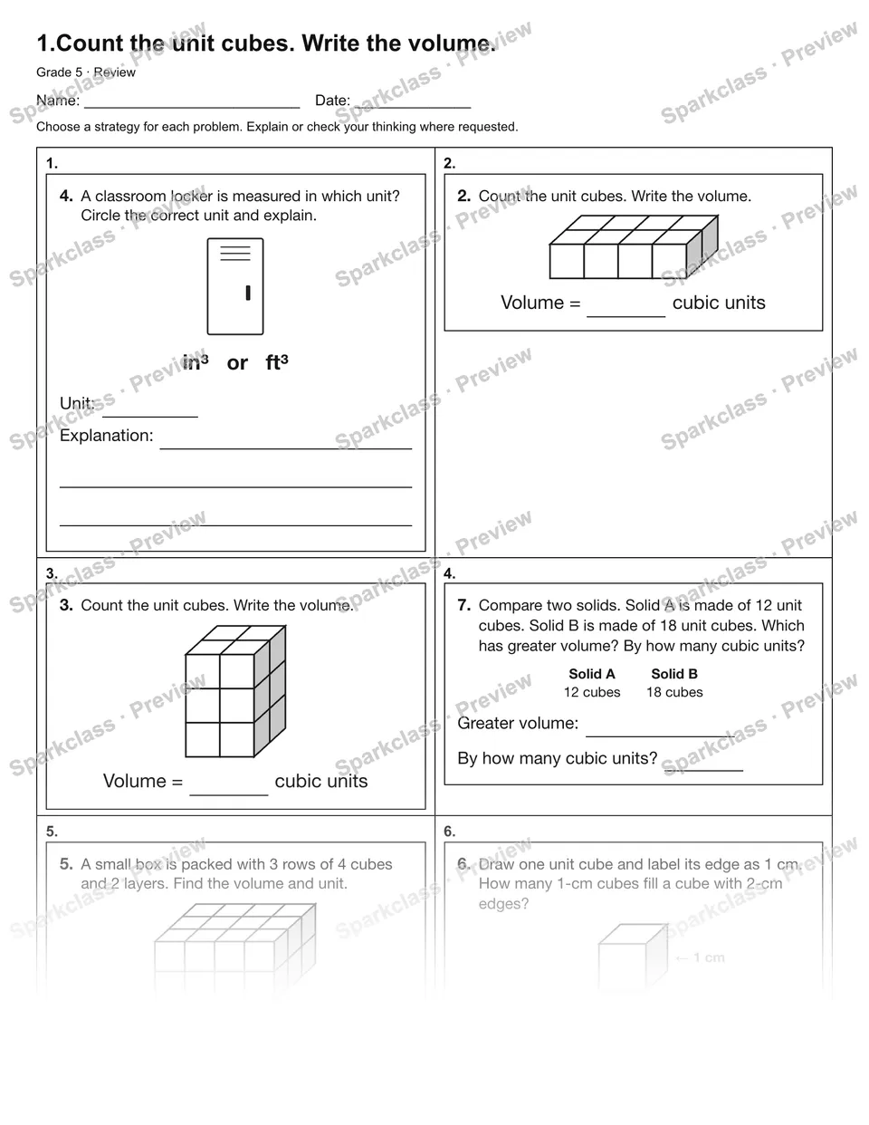 1.Count the unit cubes. Write the volume. — Review — Grade 5 worksheet preview