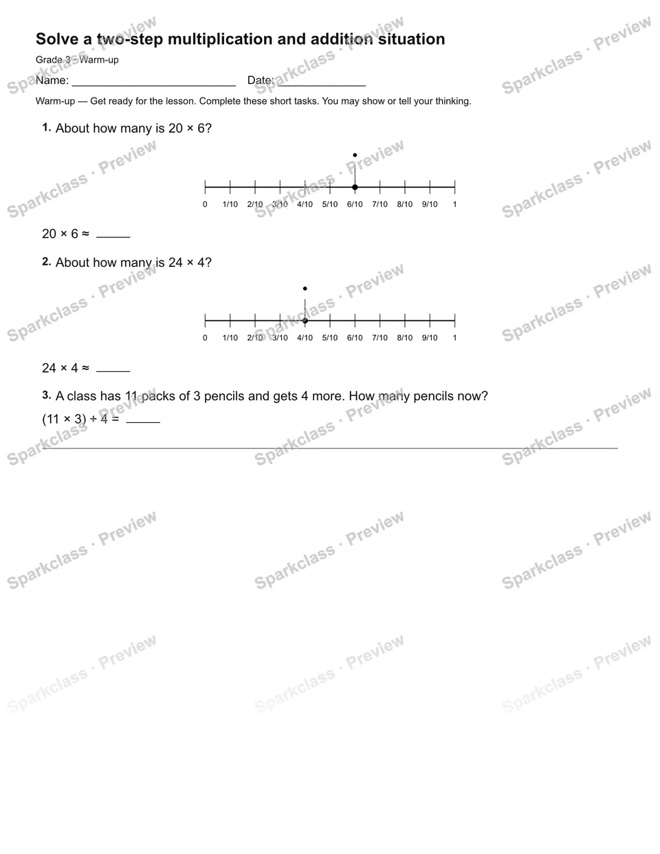 Solve a two-step multiplication and addition situation — Warm-up — Grade 3 worksheet preview
