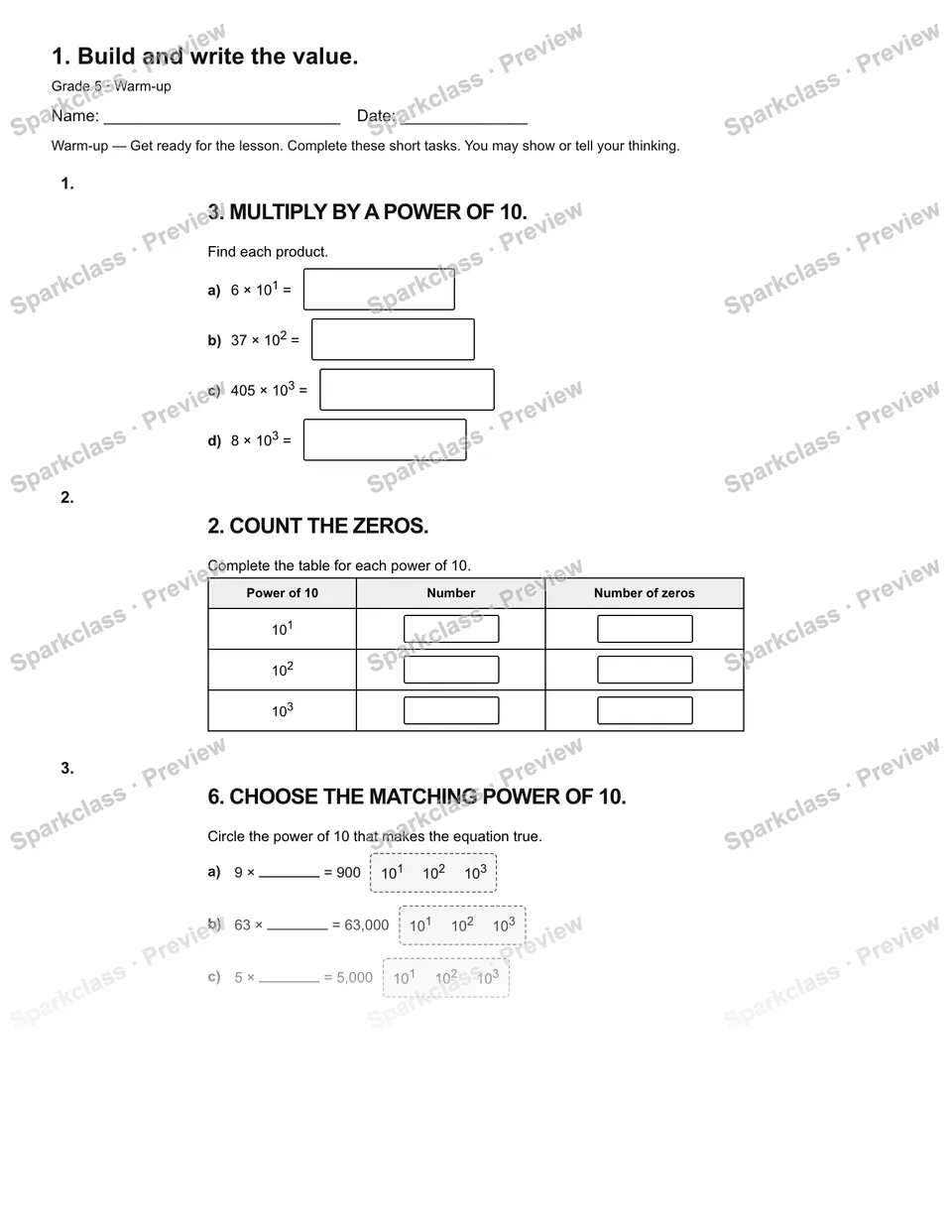 1. Build and write the value. — Warm-up — Grade 5 worksheet preview