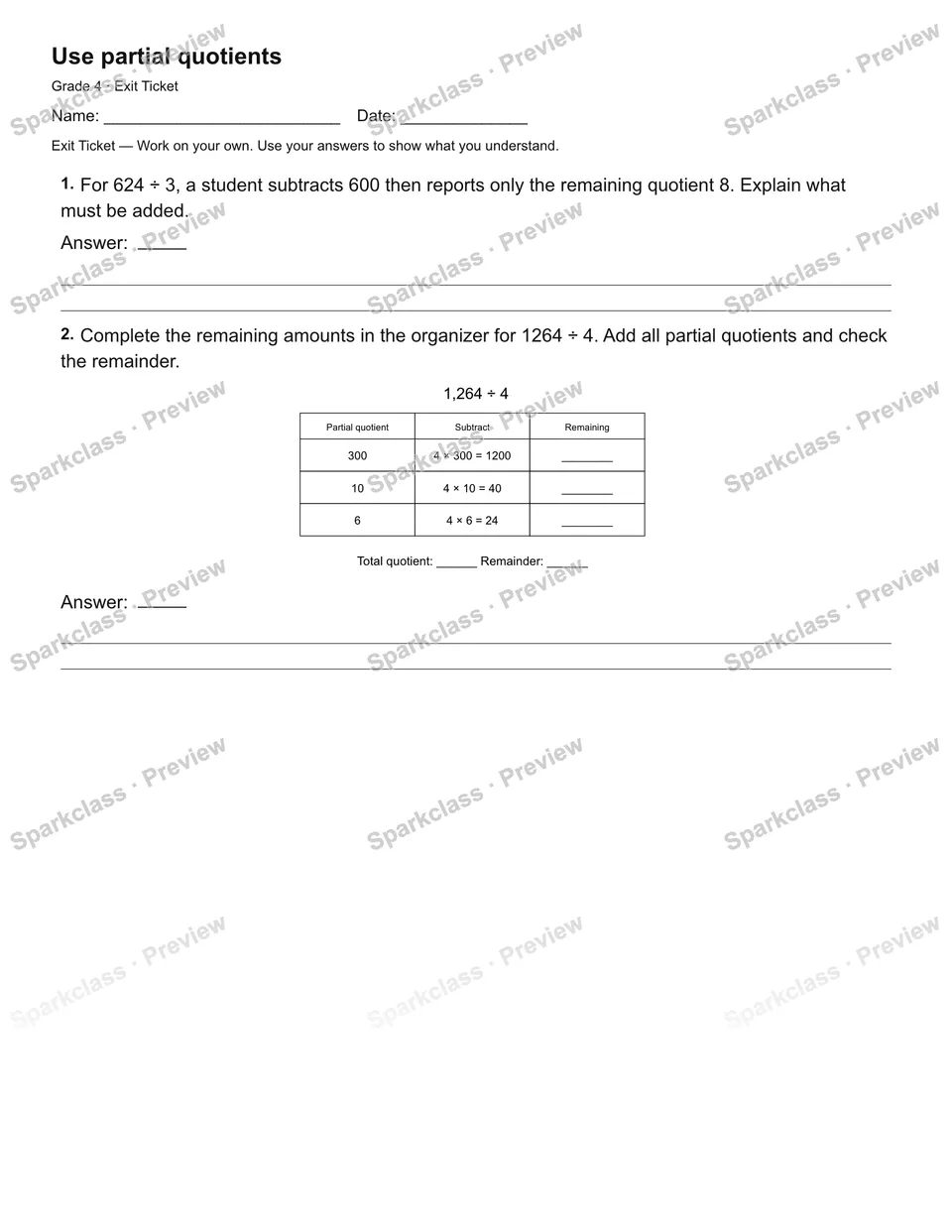 Use partial quotients — Exit Ticket — Grade 4 worksheet preview