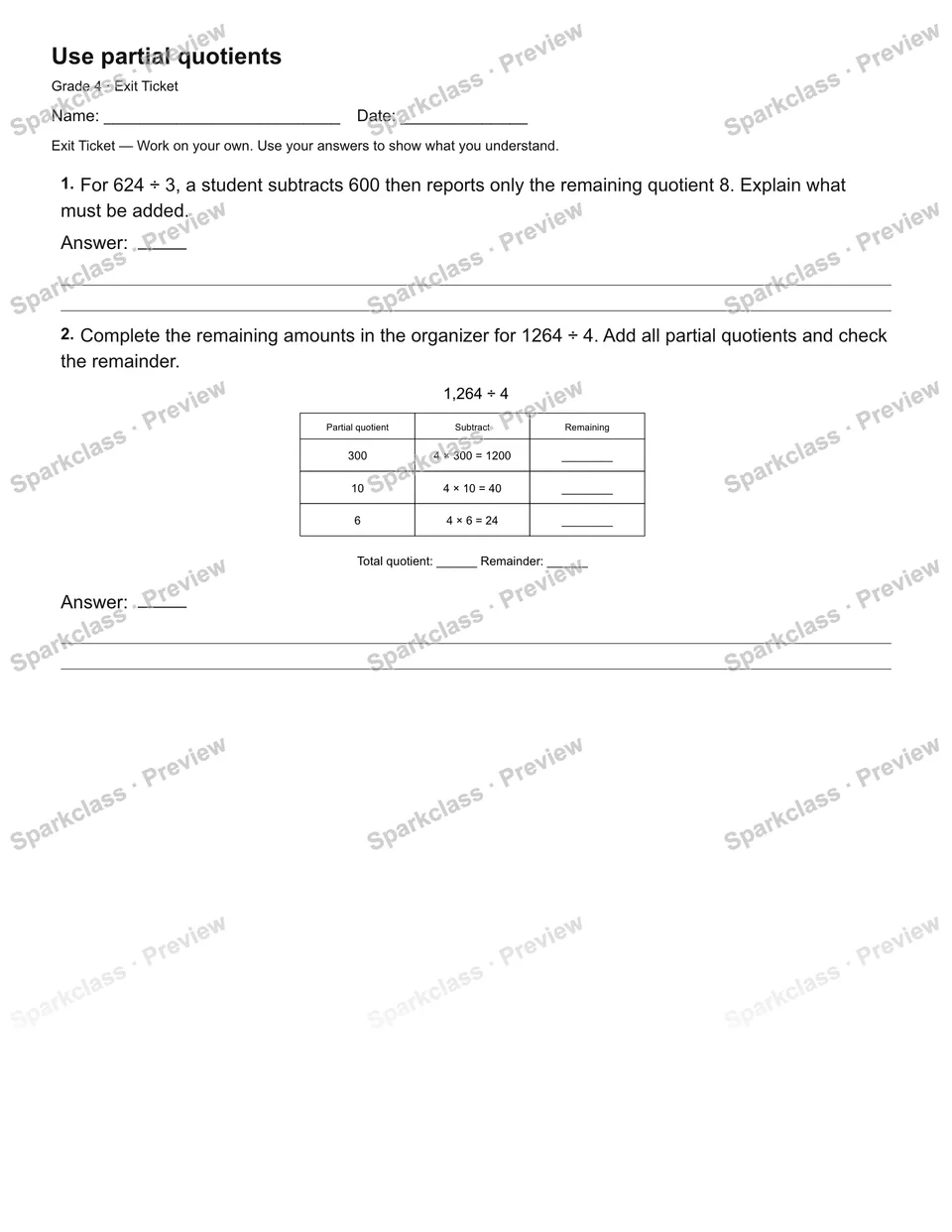 Use partial quotients — Exit Ticket — page 2