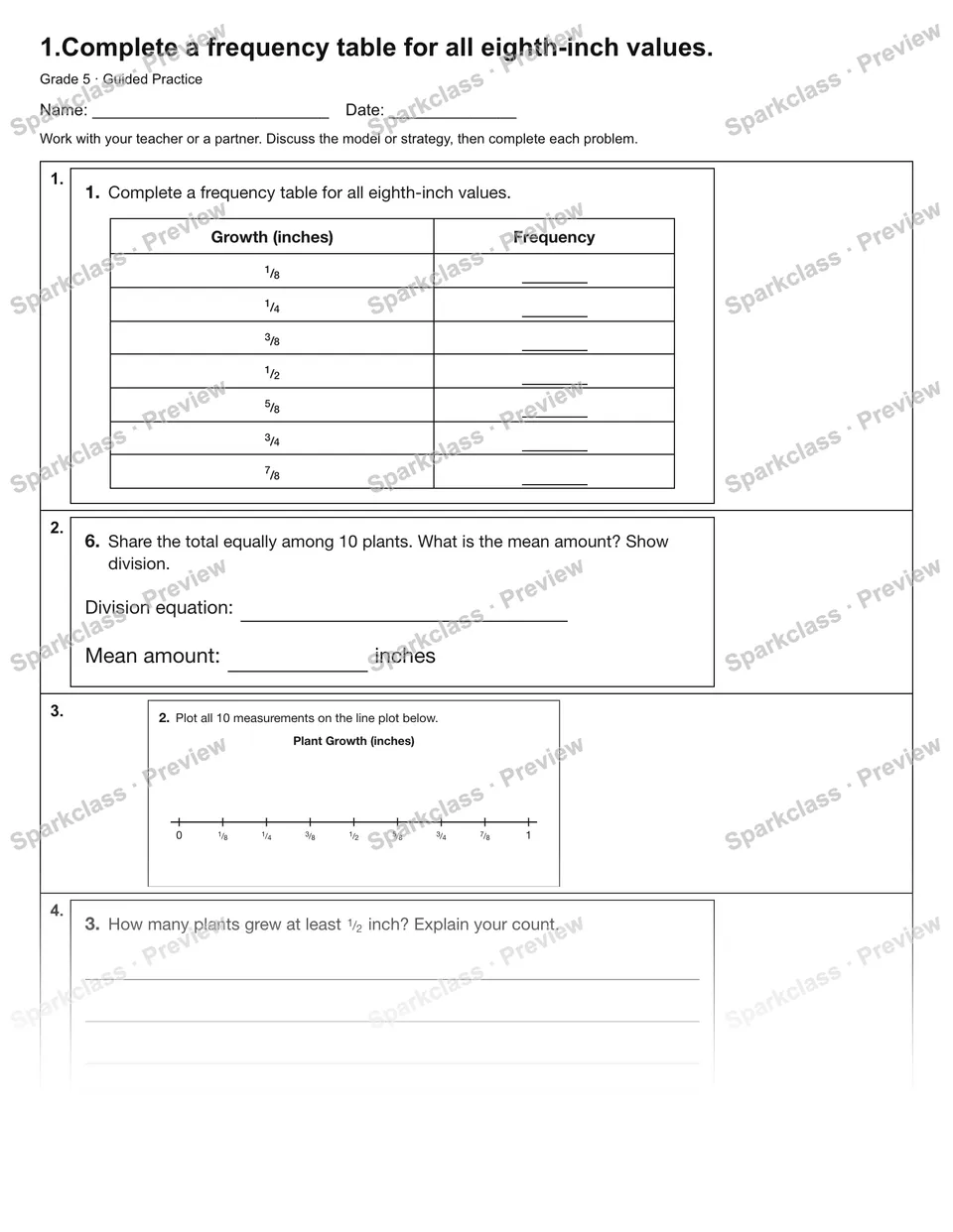 1.Complete a frequency table for all eighth-inch values. — Guided Practice — Grade 5 worksheet preview