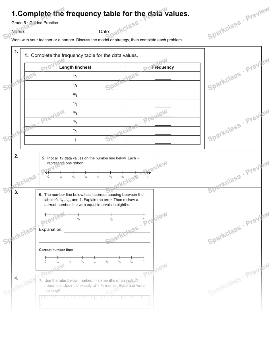 1.Complete the frequency table for the data values. — Guided Practice — Grade 5 worksheet preview