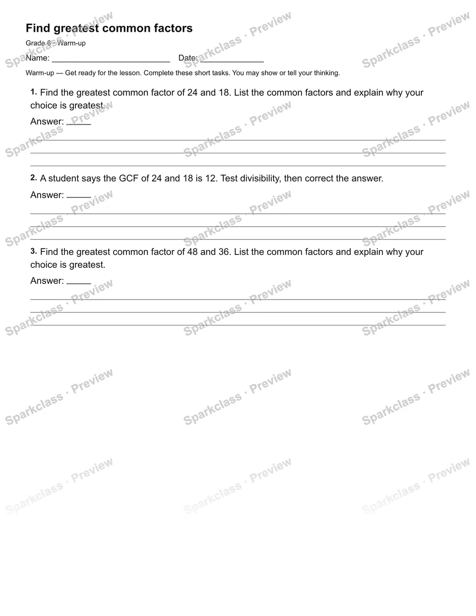 Find greatest common factors — Warm-up — page 2