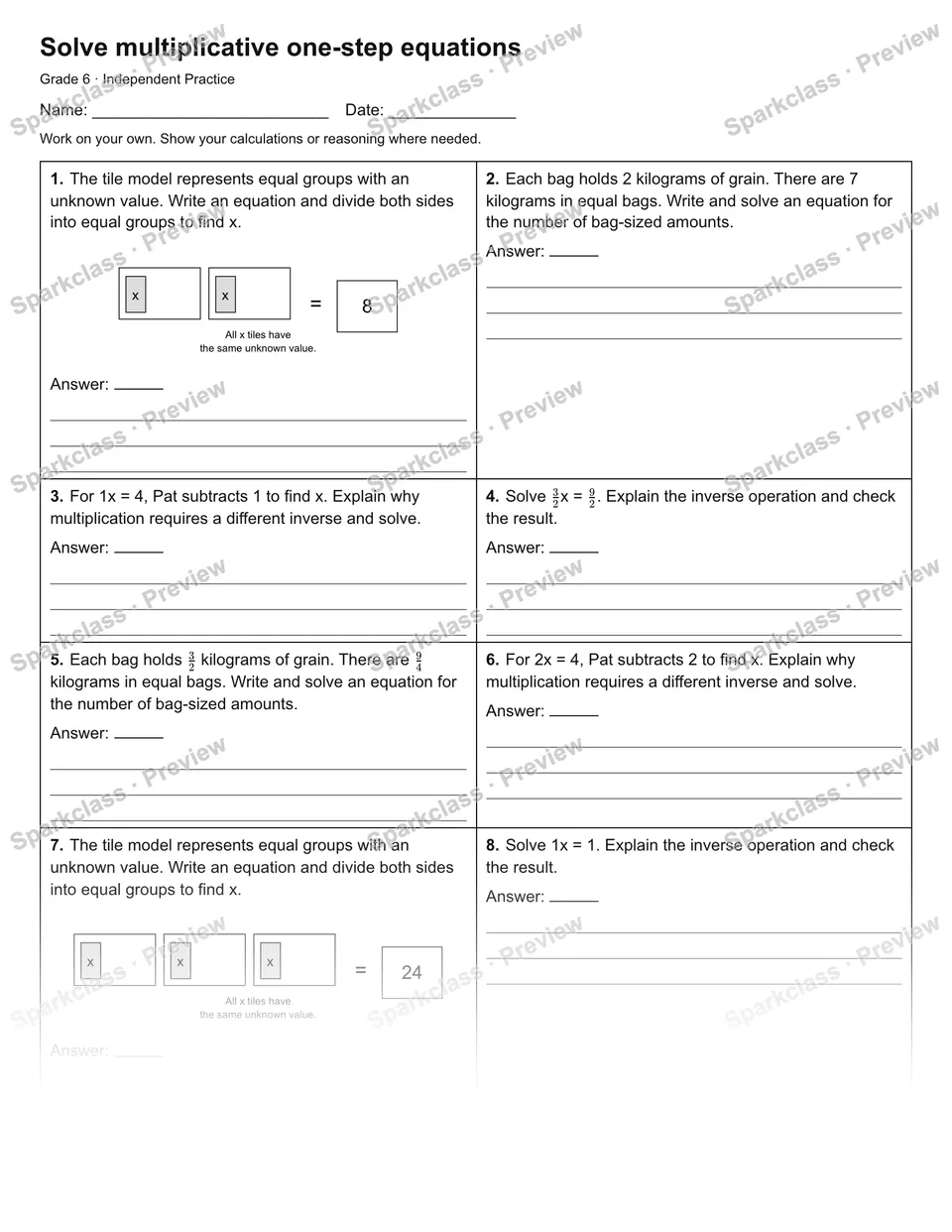 Solve multiplicative one-step equations — Independent Practice — Grade 6 worksheet preview