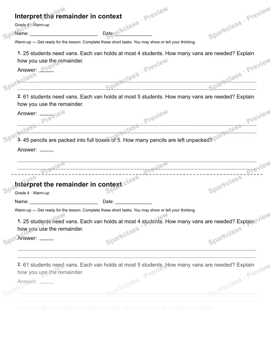 Interpret the remainder in context — Warm-up — Grade 4 worksheet preview