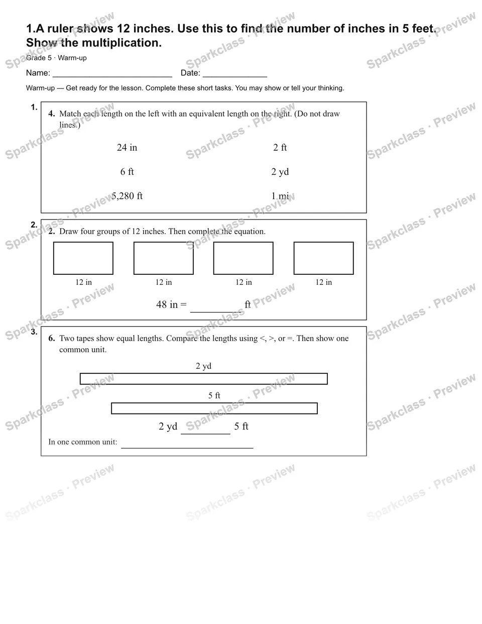 1.A ruler shows 12 inches. Use this to find the number of inches in 5 feet. Show the multiplication. — Warm-up — page 2