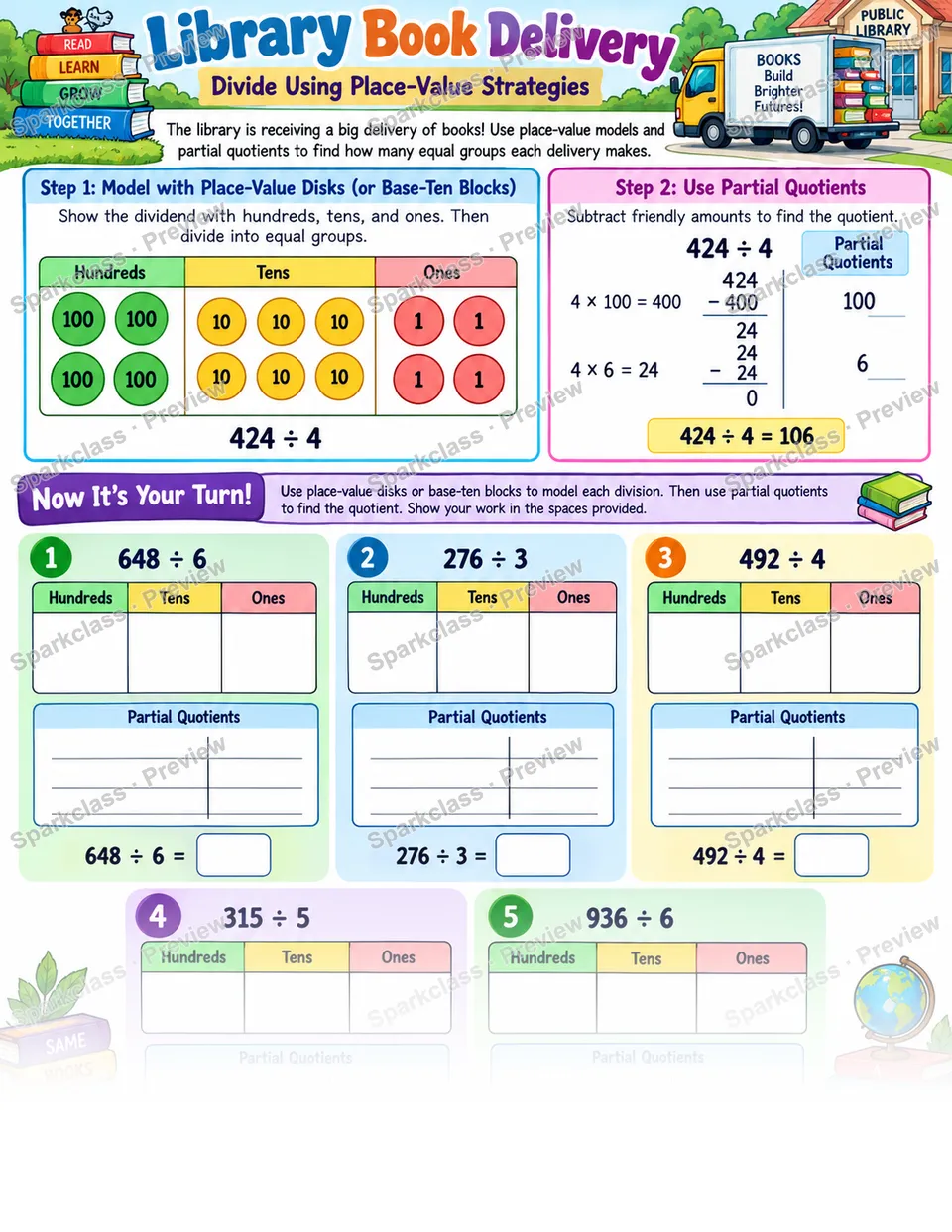 Divide With Place Value Strategies — Grade 4 worksheet preview