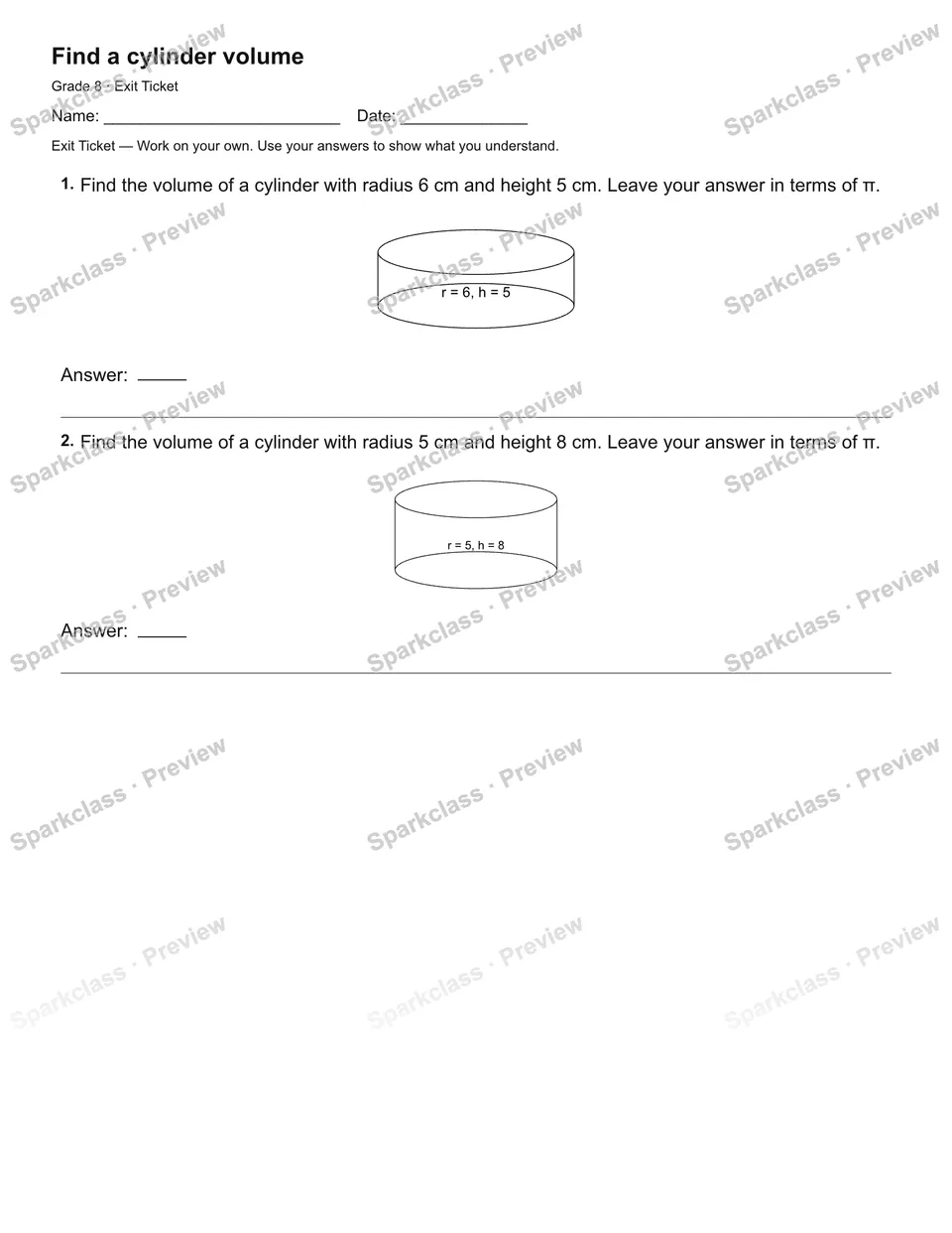 Find a cylinder volume — Exit Ticket — page 2