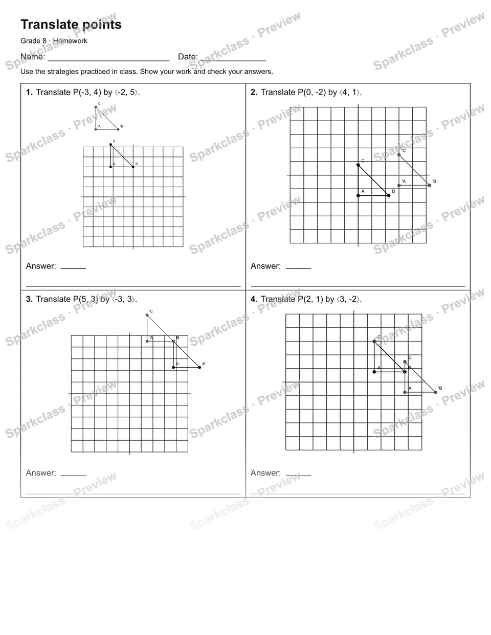 Translate points — Homework — Grade 8 worksheet preview