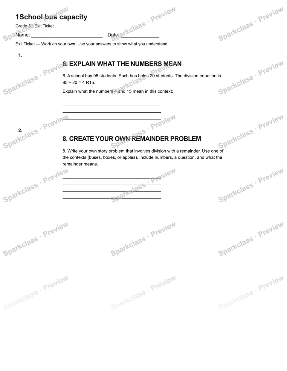 1School bus capacity — Exit Ticket — Grade 5 worksheet preview