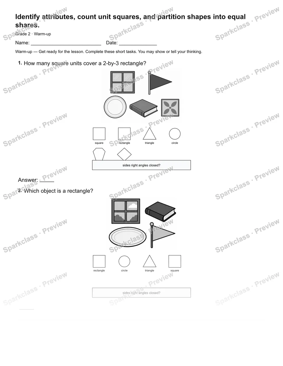 Identify attributes, count unit squares, and partition shapes into equal shares. — Warm-up — Grade 2 worksheet preview