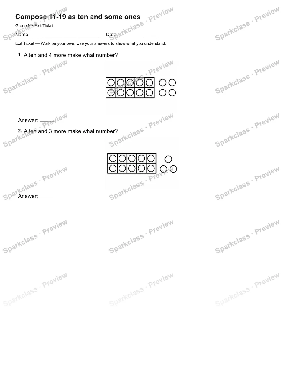 Compose 11-19 as ten and some ones — Exit Ticket — page 2