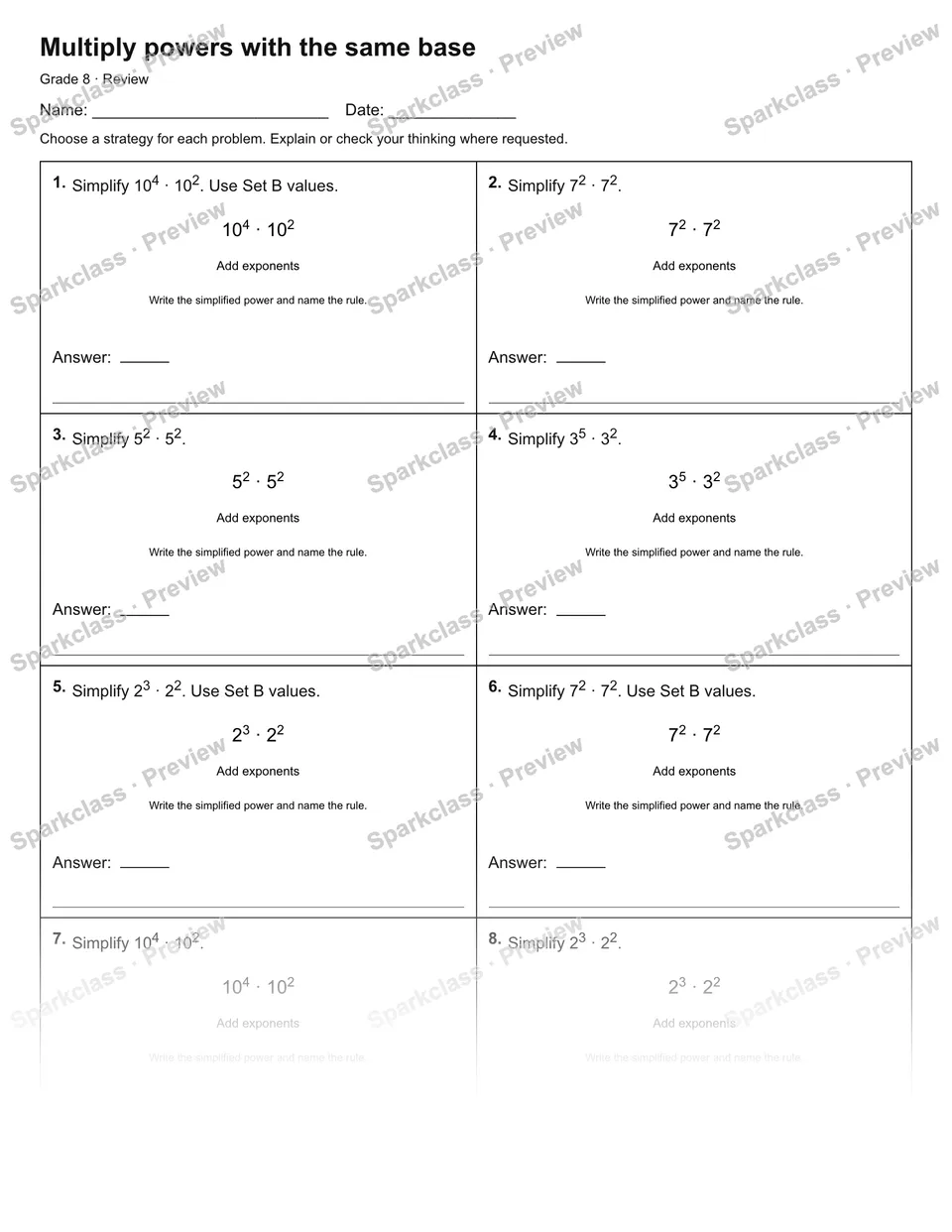 Multiply powers with the same base — Review — Grade 8 worksheet preview