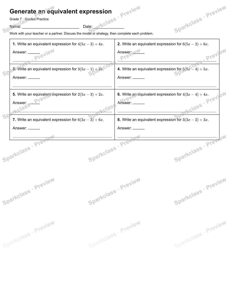 Generate an equivalent expression — Guided Practice — Grade 7 worksheet preview