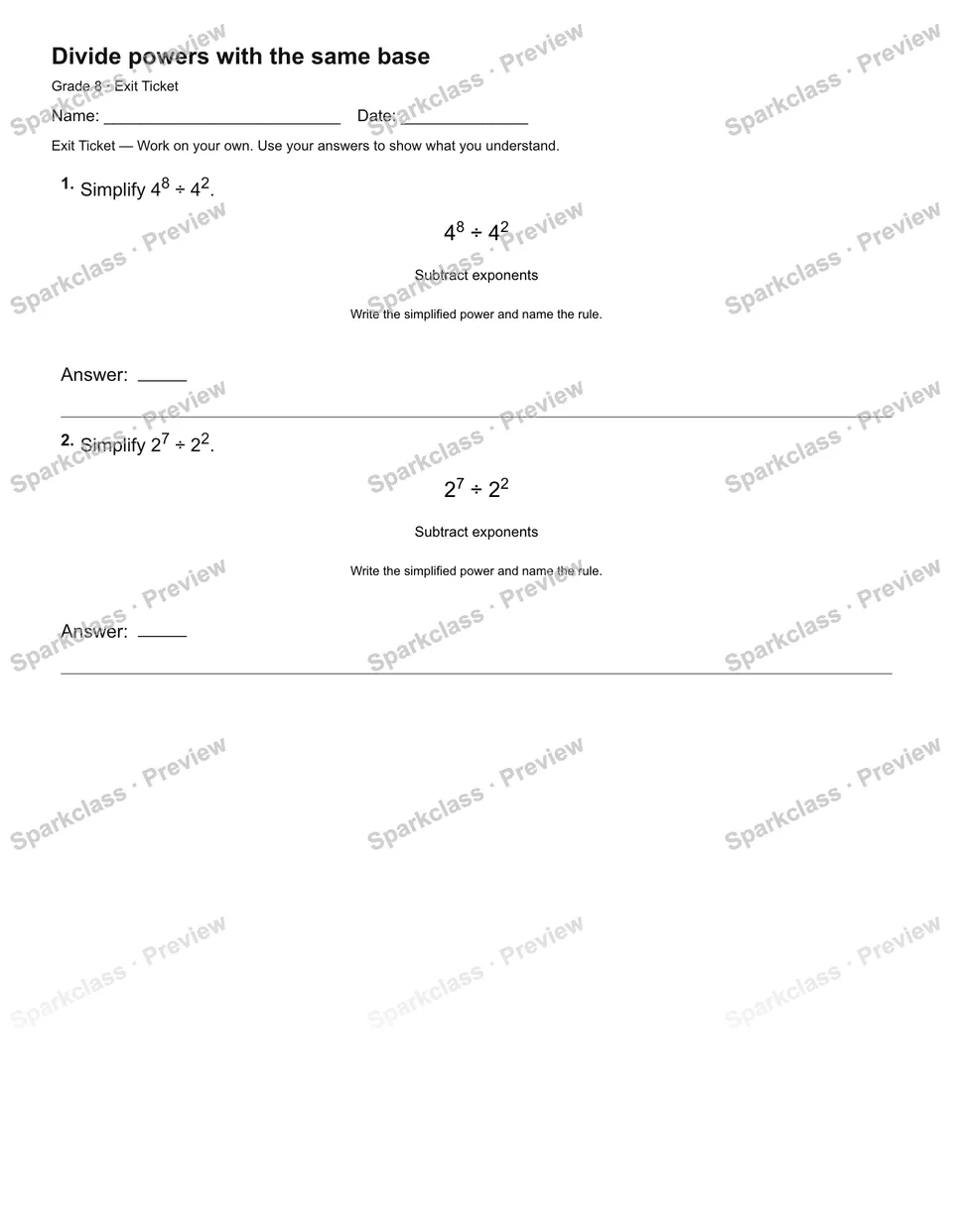 Divide powers with the same base — Exit Ticket — page 2