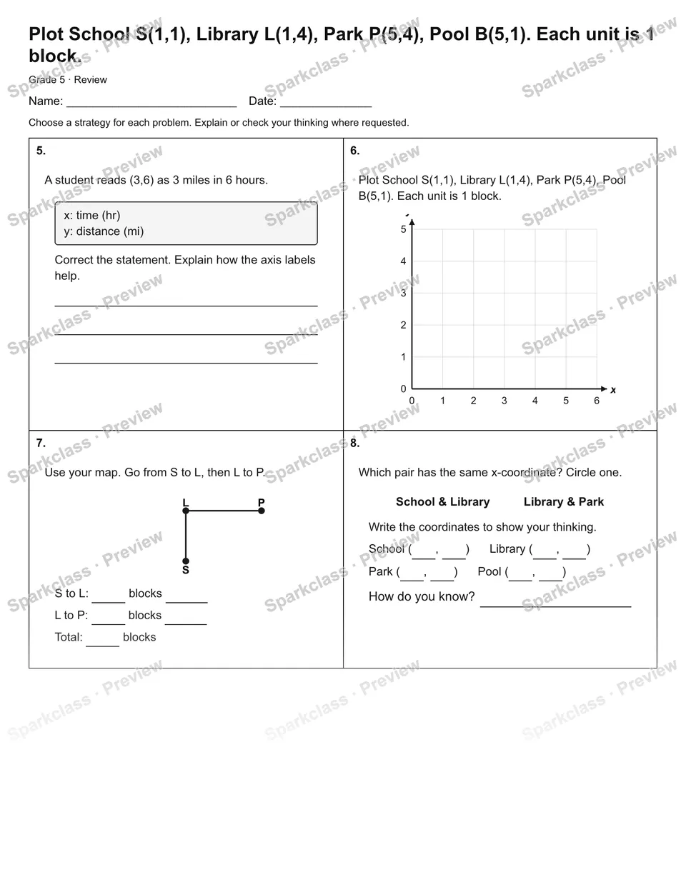 Plot School S(1,1), Library L(1,4), Park P(5,4), Pool B(5,1). Each unit is 1 block. — Review — page 2