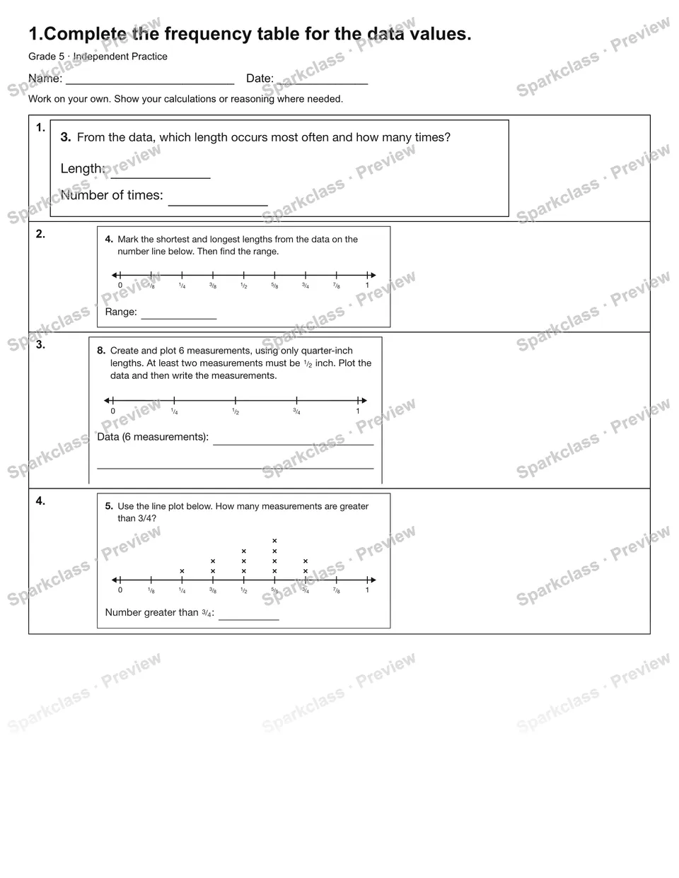 1.Complete the frequency table for the data values. — Independent Practice — Grade 5 worksheet preview