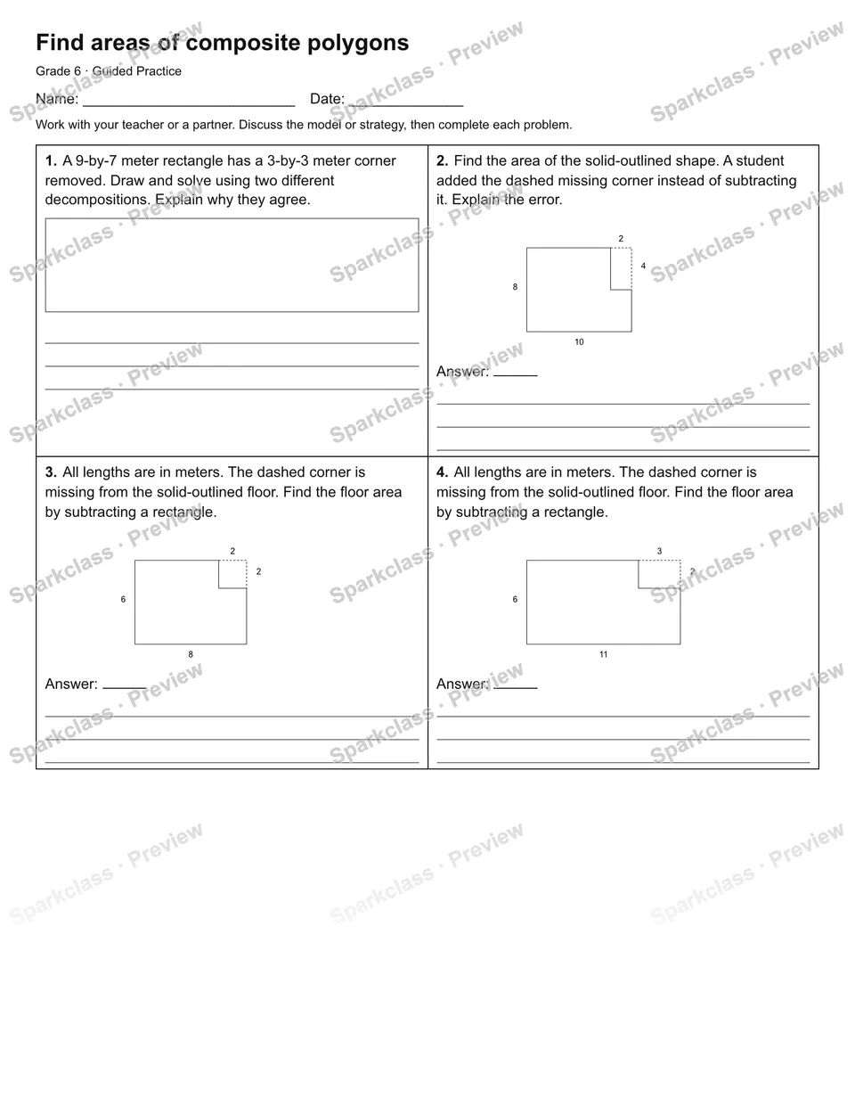 Find areas of composite polygons — Guided Practice — Grade 6 worksheet preview