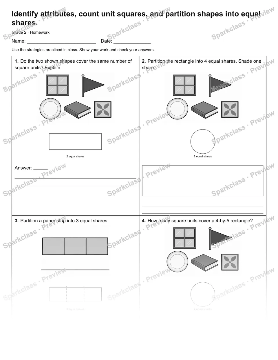Identify attributes, count unit squares, and partition shapes into equal shares. — Homework — Grade 2 worksheet preview