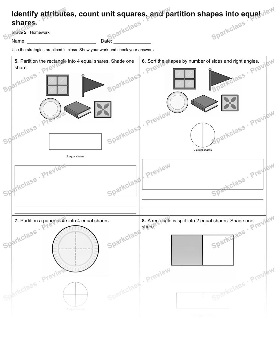 Identify attributes, count unit squares, and partition shapes into equal shares. — Homework — page 2
