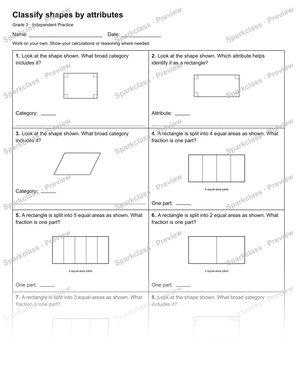 Classify shapes by attributes — Independent Practice — Grade 3 worksheet preview