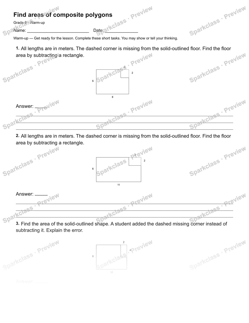 Find areas of composite polygons — Warm-up — Grade 6 worksheet preview