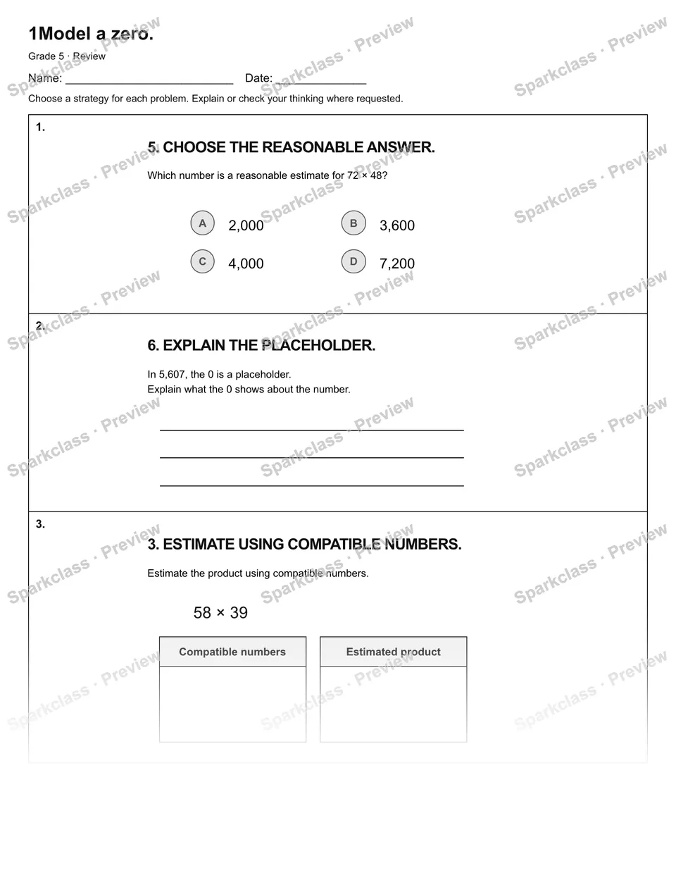 1Model a zero. — Review — Grade 5 worksheet preview