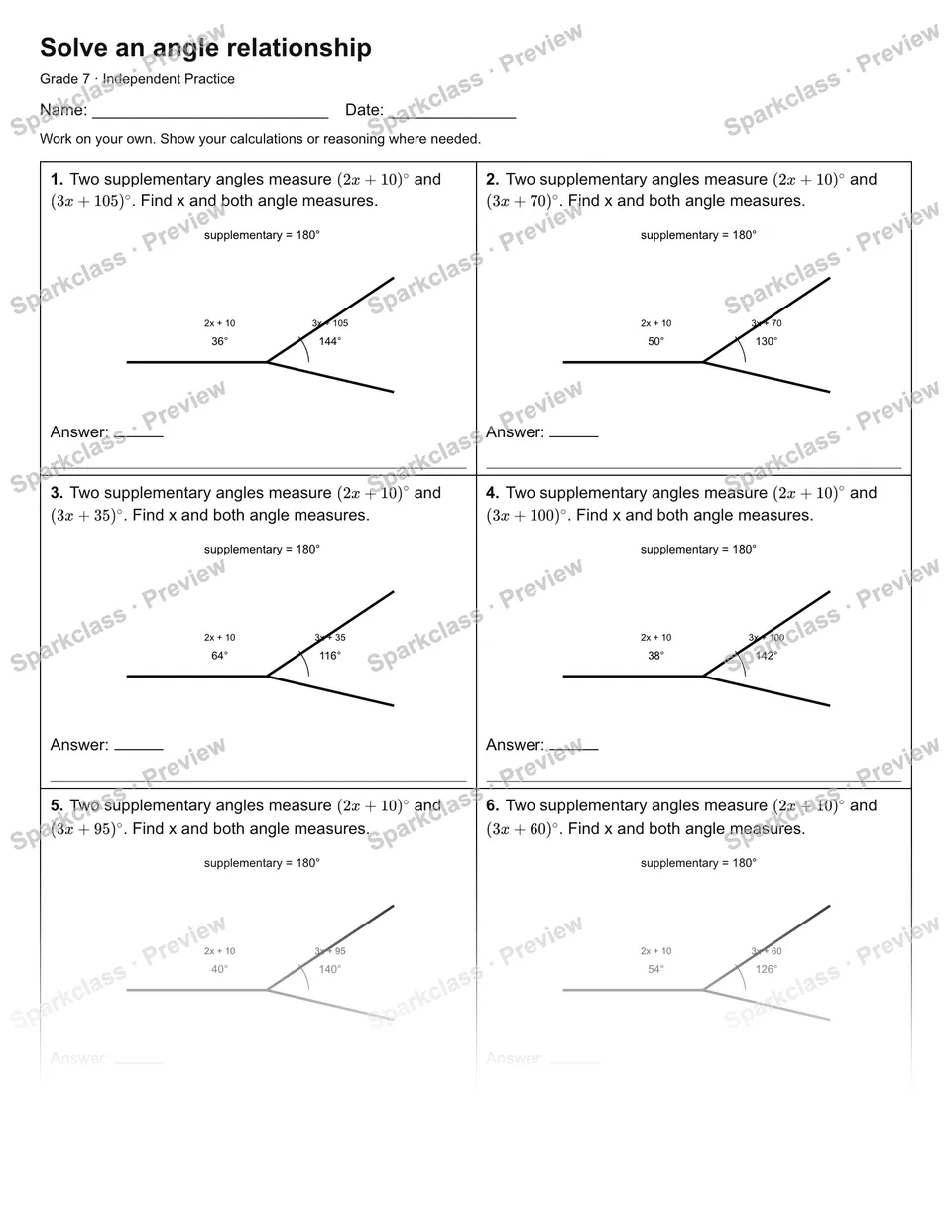 Solve an angle relationship — Independent Practice — Grade 7 worksheet preview