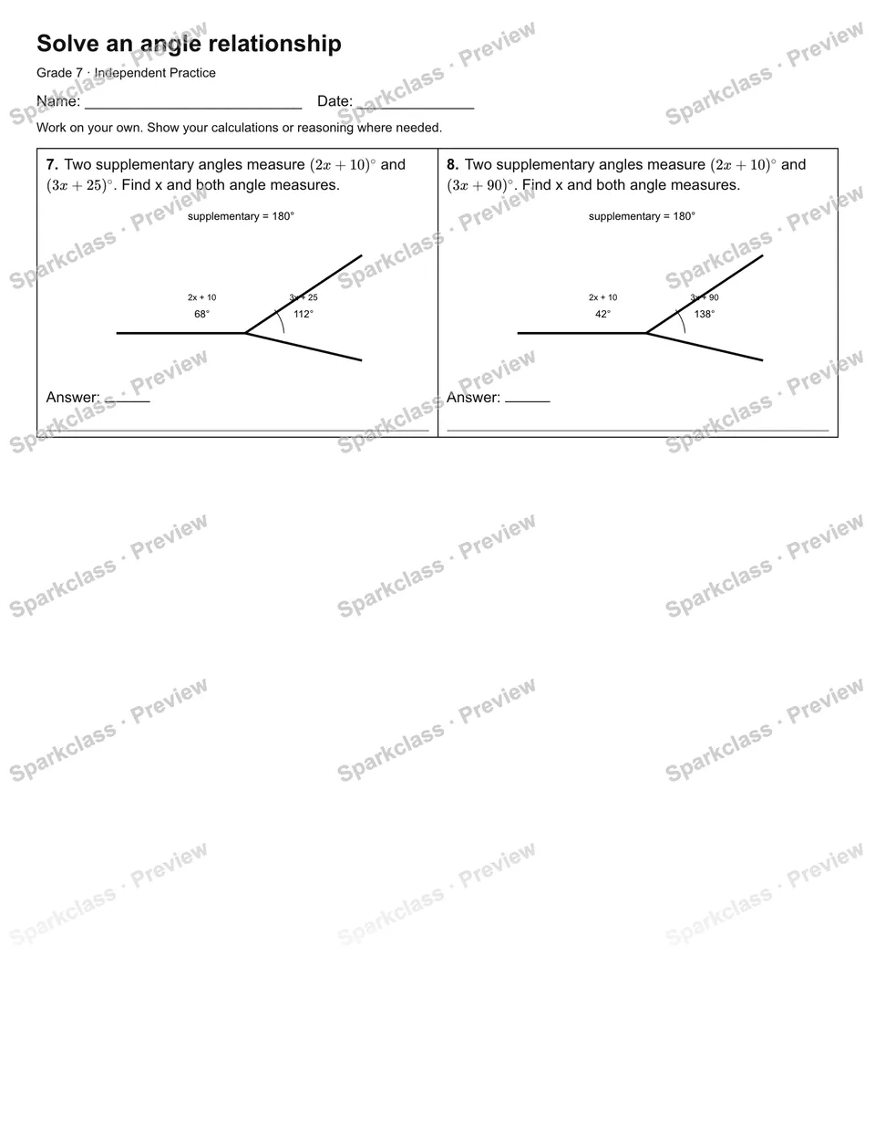 Solve an angle relationship — Independent Practice — page 2