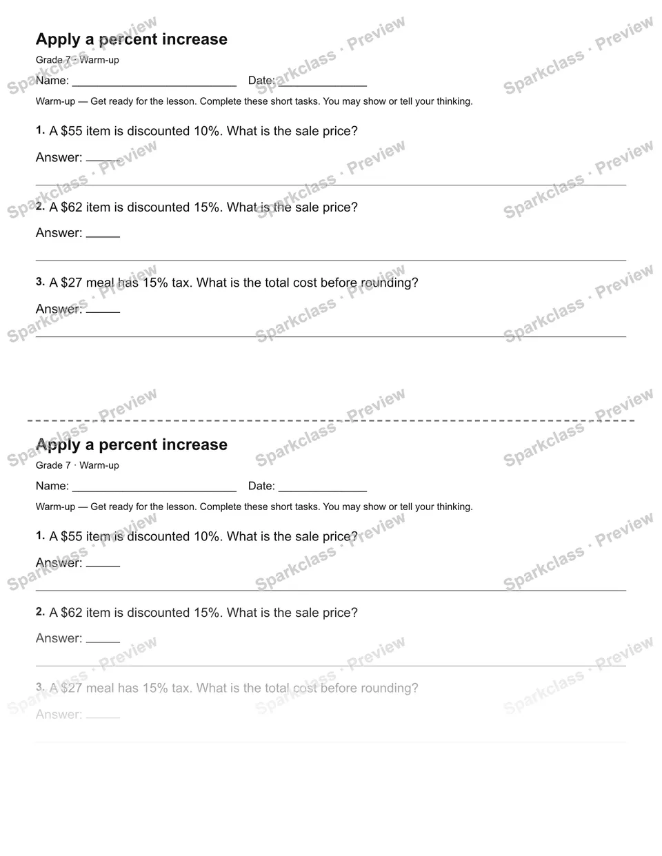 Apply a percent increase — Warm-up — Grade 7 worksheet preview