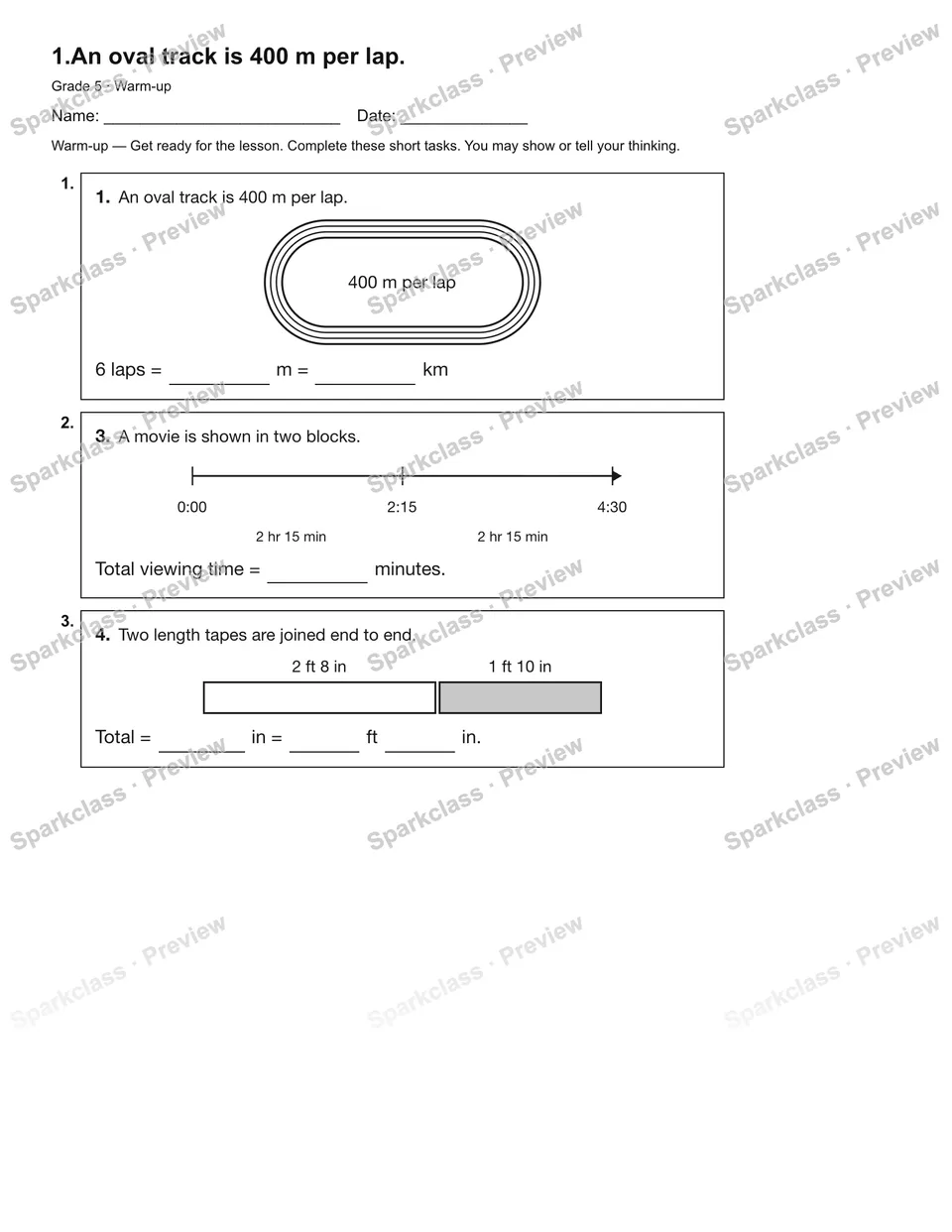 1.An oval track is 400 m per lap. — Warm-up — Grade 5 worksheet preview