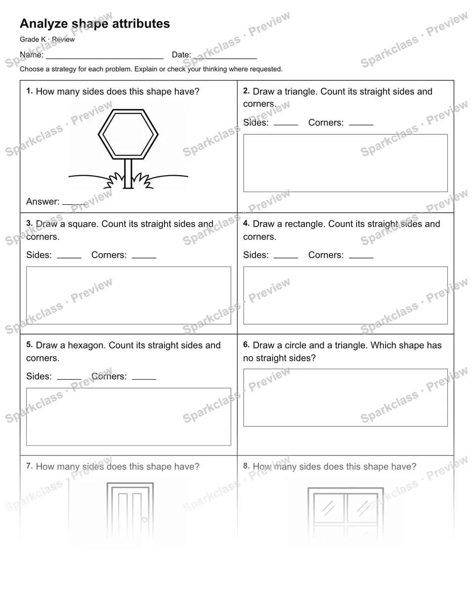 Analyze shape attributes — Review — Kindergarten worksheet preview