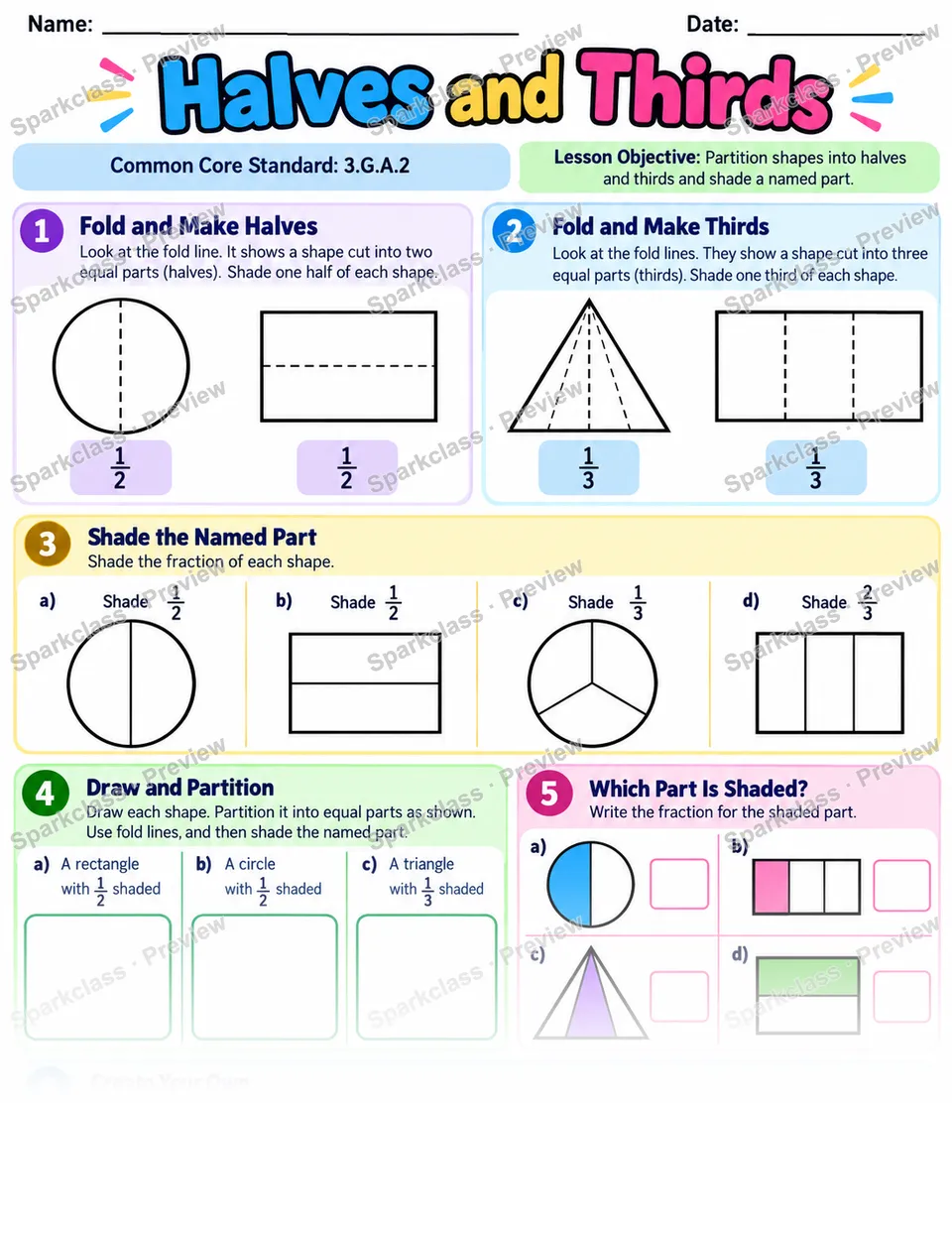 Halves And Thirds — Grade 3 worksheet preview