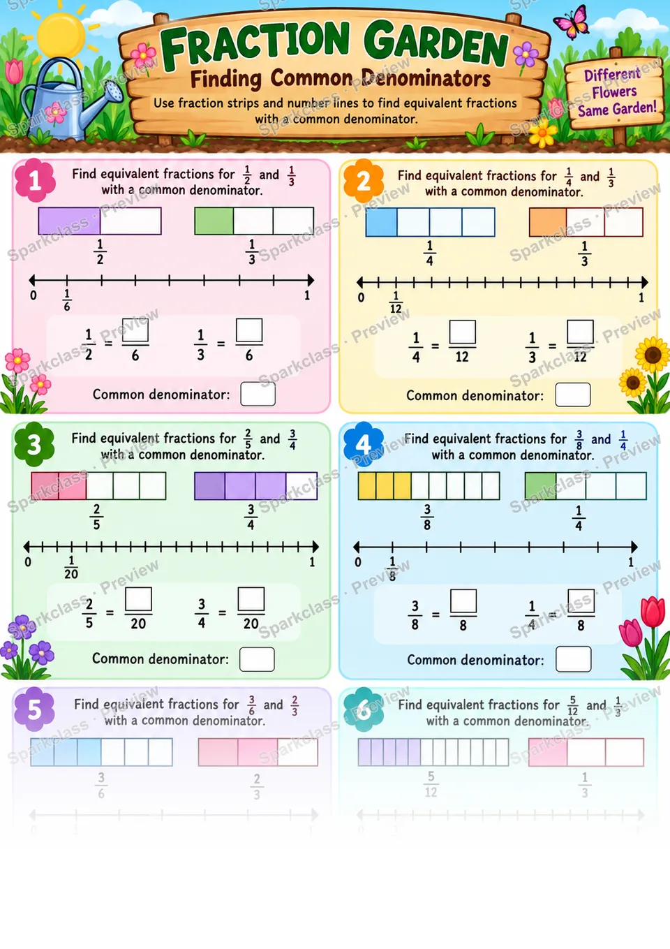 Find Common Denominators — Grade 5 worksheet preview
